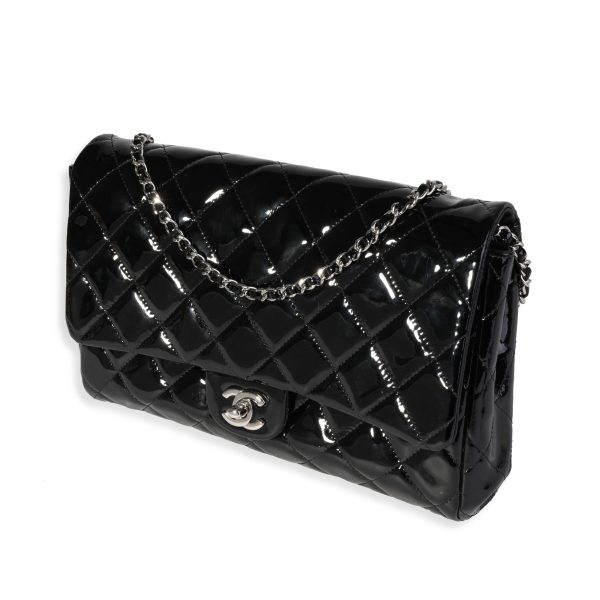 119791 sv Chanel Black Quilted Patent Leather Classic Flap Clutch with Chain