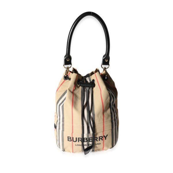 119859 fv 746163e9 04c4 4440 a745 529930c4274d Burberry Archive Beige Icon Stripe Nylon Phoebe Drawstring Bag