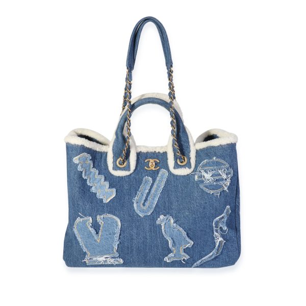 119899 bv Chanel Blue Denim Shearling Hieroglyph Coco Tote