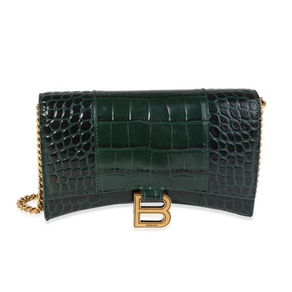 119985 fv 5effc0ef d14c 48a7 a4ee 8ca2b34fb923 Balenciaga Green Crocodile Embossed Leather Hourglass Chain Wallet