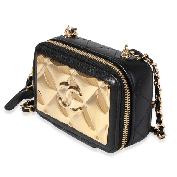 120002 sv Chanel Gold Quilted Metal Black Lambskin Mini Vanity Bag