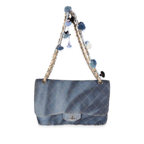 120213 bv Chanel Blue Stitched Denim Jumbo Pom Pom Single Flap Bag