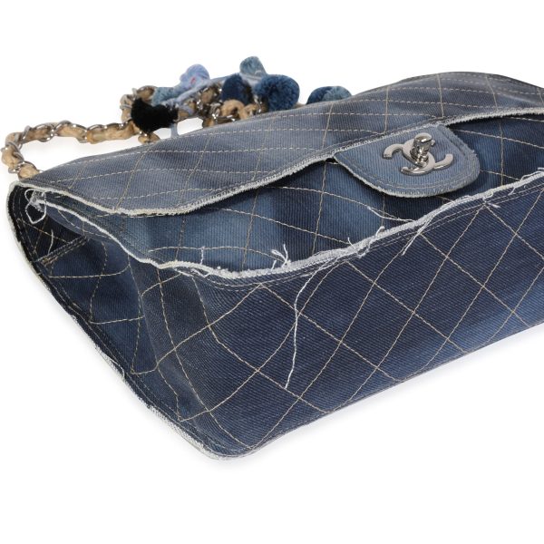 120213 clasp Chanel Blue Stitched Denim Jumbo Pom Pom Single Flap Bag