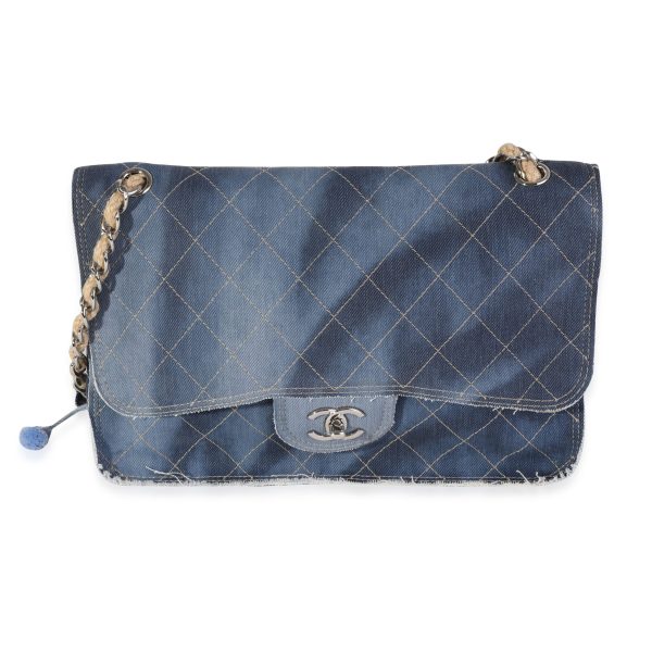 120213 fv Chanel Blue Stitched Denim Jumbo Pom Pom Single Flap Bag