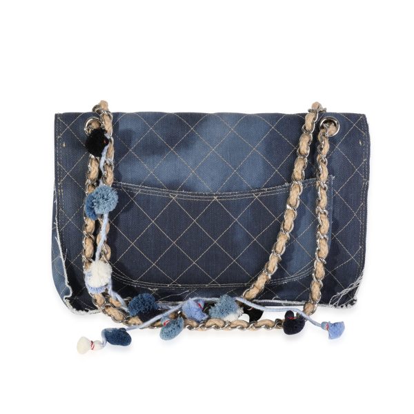 120213 pv Chanel Blue Stitched Denim Jumbo Pom Pom Single Flap Bag