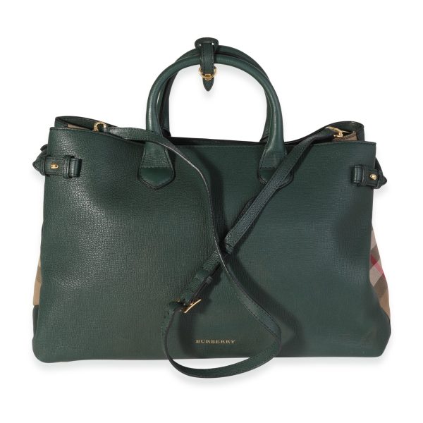 120365 fv Burberry Forest Green Textured Leather House Check Large Banner Tote