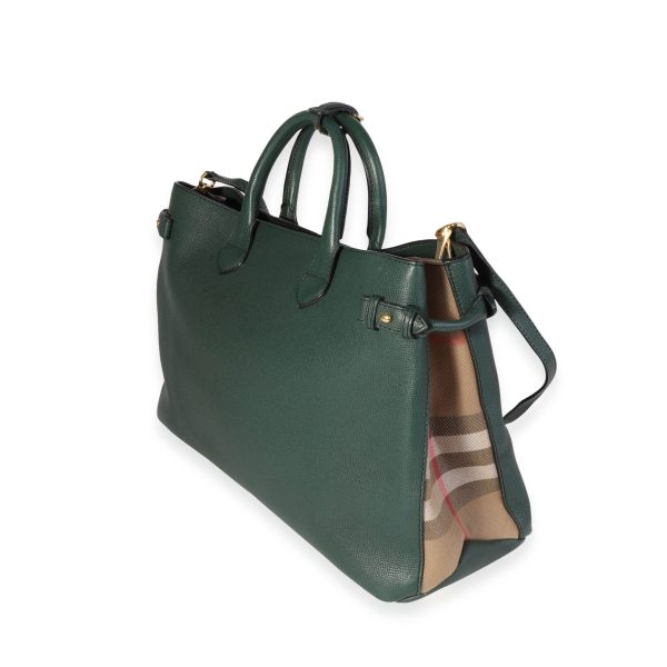 120365 sv Burberry Forest Green Textured Leather House Check Large Banner Tote