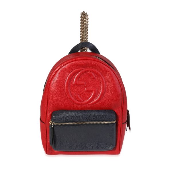 120373 fv Gucci Red Navy Pebbled Leather Soho Chain Backpack