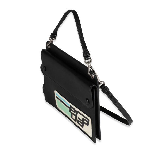 120446 sv Prada Black Saffiano Leather Retro Logo Flat Crossbody