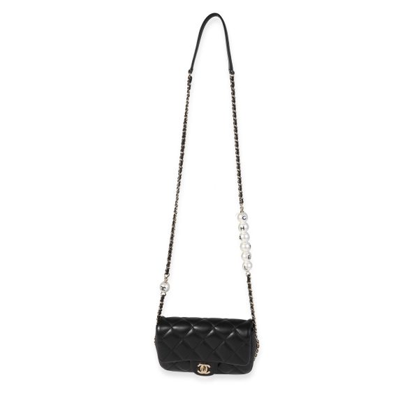 120498 bv Chanel Black Quilted Lambskin Pearl Logo Strap Small Flap Bag