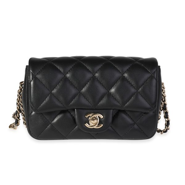 120498 fv Chanel Black Quilted Lambskin Pearl Logo Strap Small Flap Bag