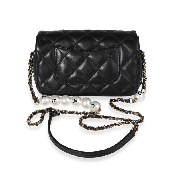 120498 pv Chanel Black Quilted Lambskin Pearl Logo Strap Small Flap Bag