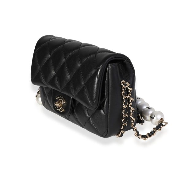 120498 sv 3b61a94d dcc4 4936 a798 88428296deec Chanel Black Quilted Lambskin Pearl Logo Strap Small Flap Bag