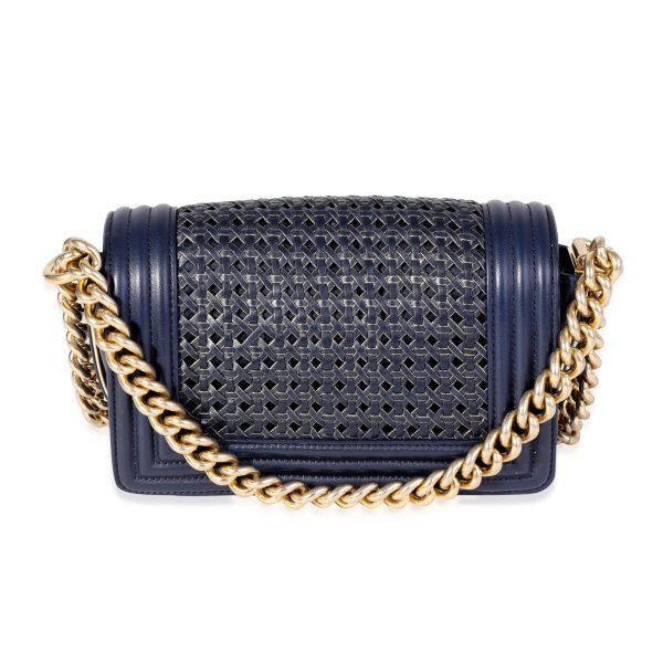 120828 bv Chanel Navy Calfskin Gold Metallic Woven Small Boy Bag