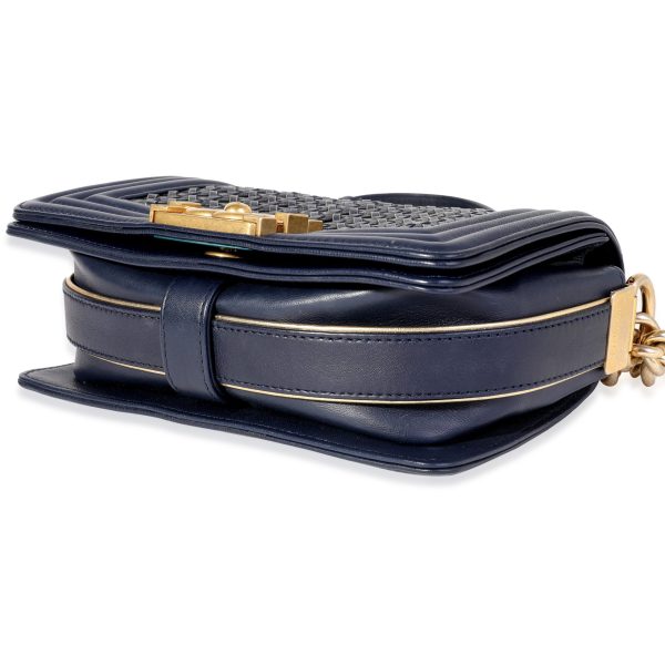 120828 clasp Chanel Navy Calfskin Gold Metallic Woven Small Boy Bag