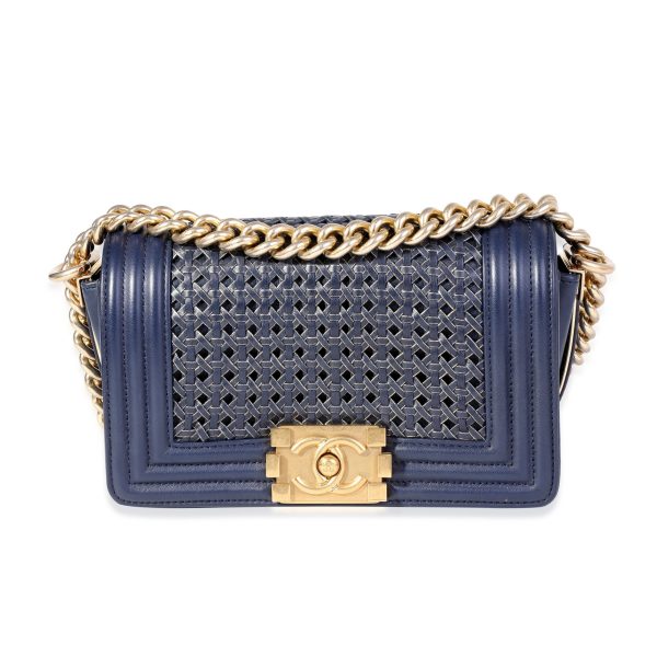 120828 fv Chanel Navy Calfskin Gold Metallic Woven Small Boy Bag