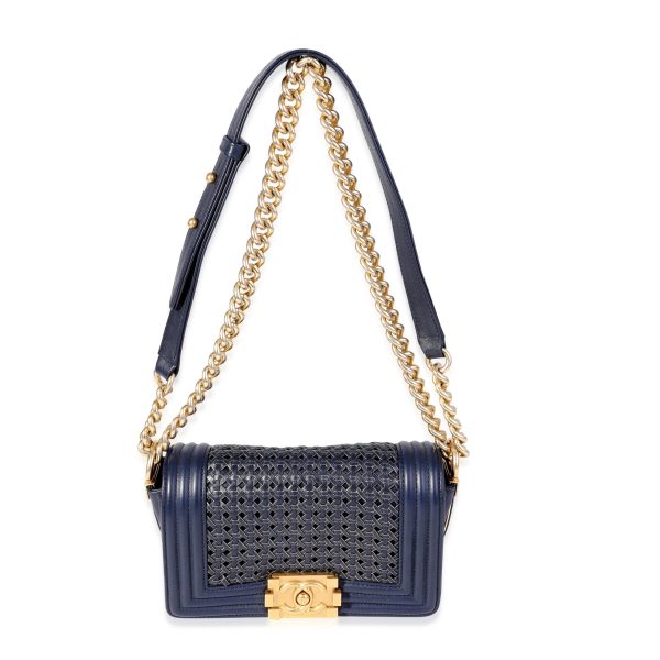 120828 stamp Chanel Navy Calfskin Gold Metallic Woven Small Boy Bag