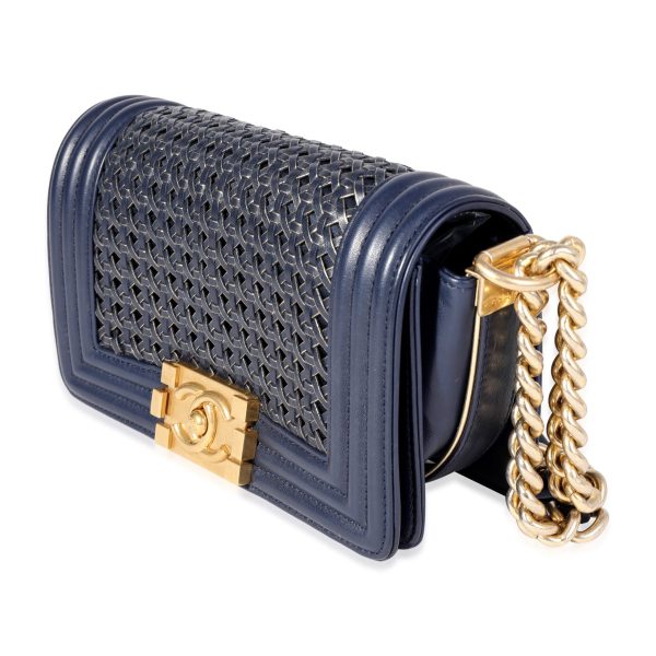 120828 sv Chanel Navy Calfskin Gold Metallic Woven Small Boy Bag