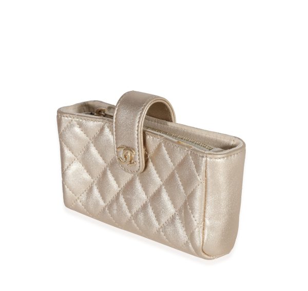 120829 sv Chanel Gold Quilted Lambskin Mini Phone Holder Clutch