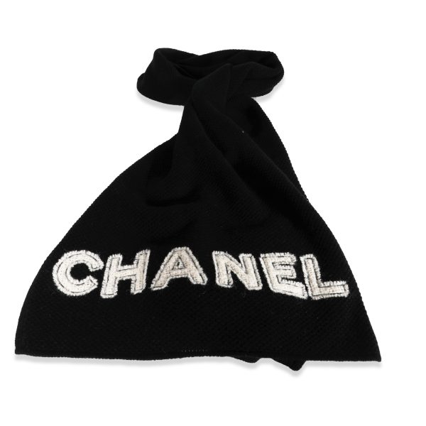 120855 fv Chanel Black White Logo Cashmere Scarf