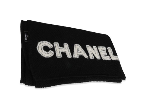 120855 sv Chanel Black White Logo Cashmere Scarf