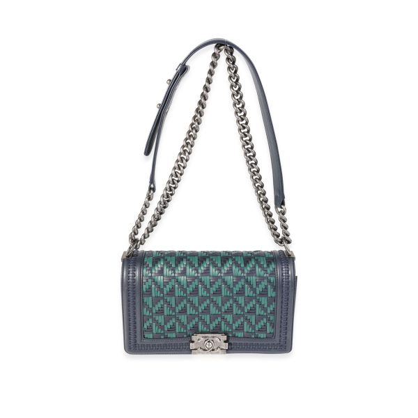 120931 bv Chanel Navy Green Woven Calfskin Medium Boy Bag