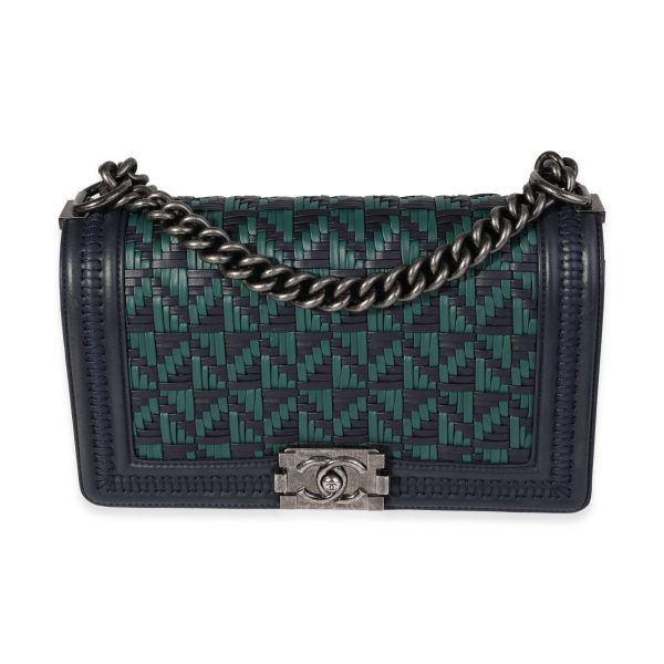 120931 fv Chanel Navy Green Woven Calfskin Medium Boy Bag