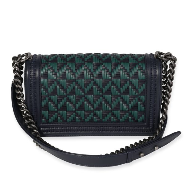 120931 pv Chanel Navy Green Woven Calfskin Medium Boy Bag