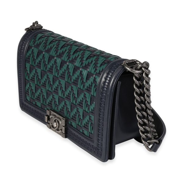 120931 sv Chanel Navy Green Woven Calfskin Medium Boy Bag