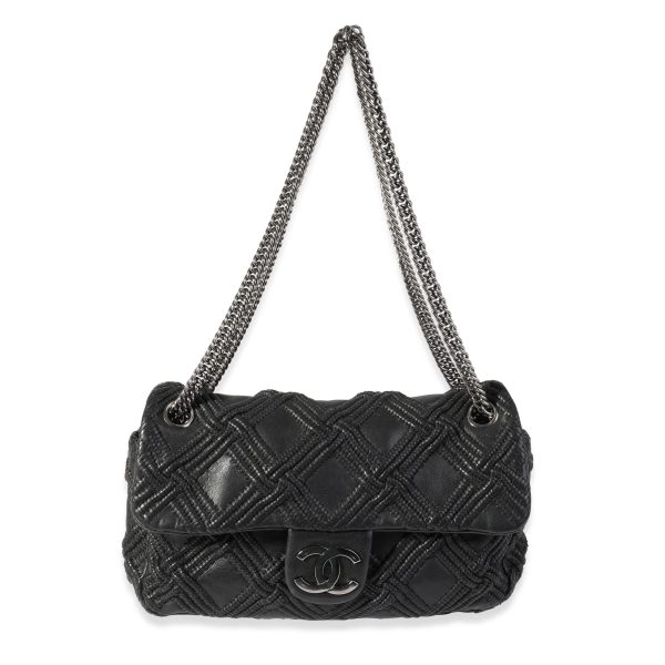 121317 bv Chanel Black Woven Grid Leather Single Flap Bag