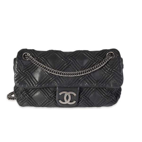 121317 fv Chanel Black Woven Grid Leather Single Flap Bag