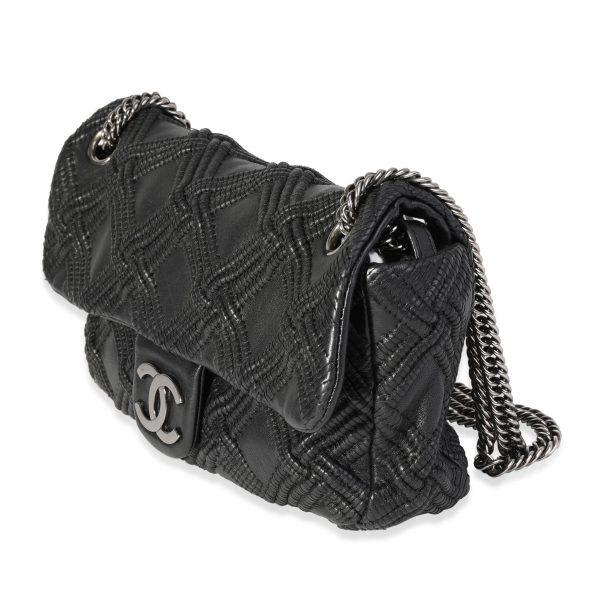 121317 sv Chanel Black Woven Grid Leather Single Flap Bag