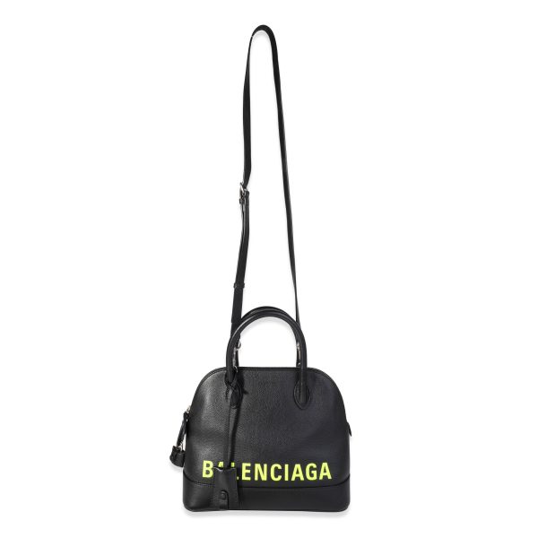 121347 bv Balenciaga Black Calfskin Yellow Logo Small Ville Top Handle Bag