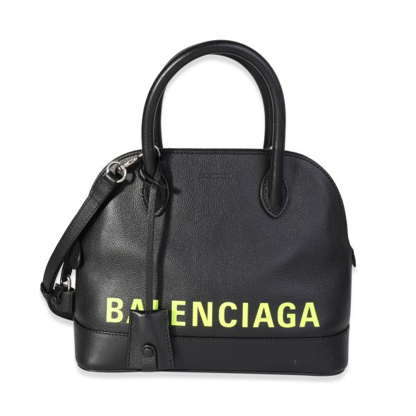 121347 fv Balenciaga Black Calfskin Yellow Logo Small Ville Top Handle Bag