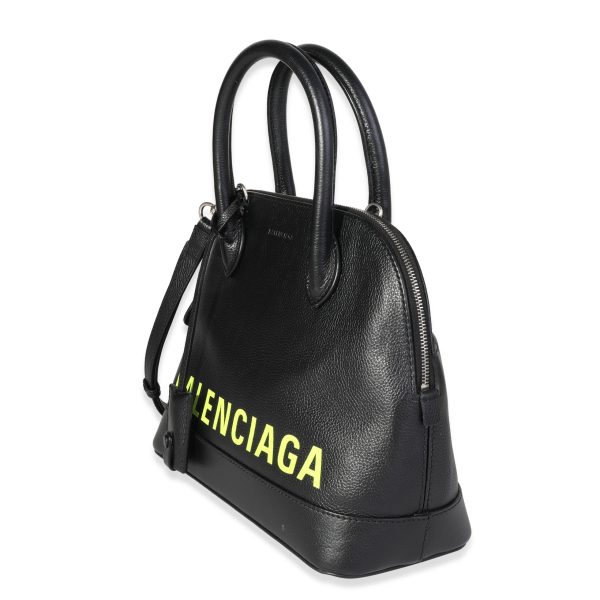 121347 sv Balenciaga Black Calfskin Yellow Logo Small Ville Top Handle Bag