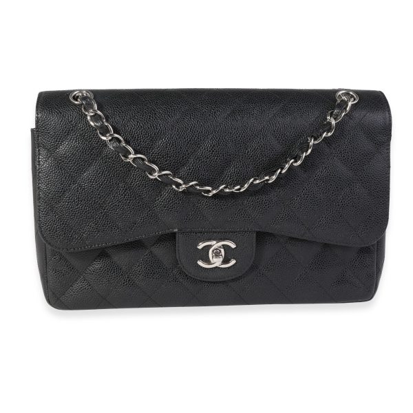 121585 fv Chanel Black Quilted Caviar Jumbo Classic Double Flap Bag