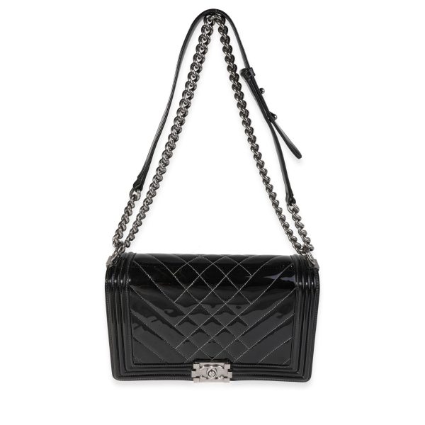 121593 bv Chanel Black Quilted Patent Leather New Medium Boy Bag