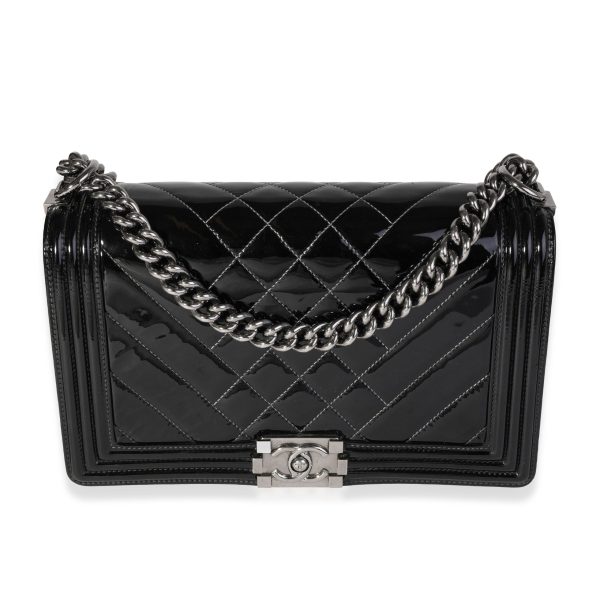 121593 fv Chanel Black Quilted Patent Leather New Medium Boy Bag