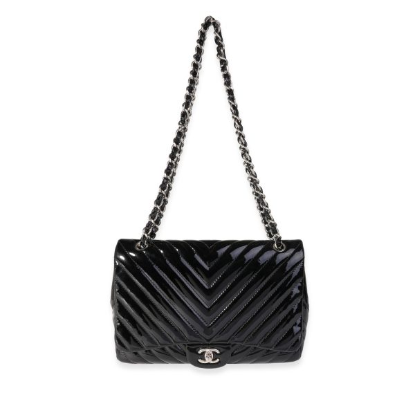 121674 bv Chanel Black Chevron Quilted Patent Leather Jumbo Classic Single Flap Bag