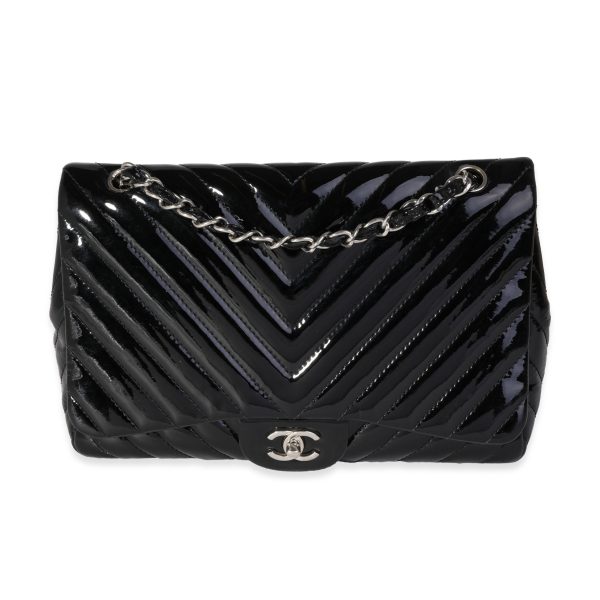 121674 fv Chanel Black Chevron Quilted Patent Leather Jumbo Classic Single Flap Bag