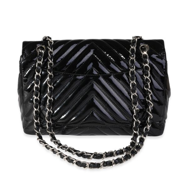 121674 pv Chanel Black Chevron Quilted Patent Leather Jumbo Classic Single Flap Bag