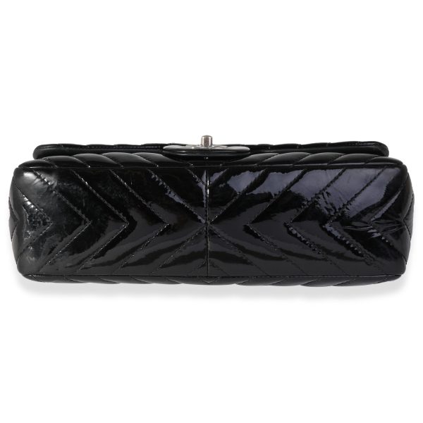 121674 stamp Chanel Black Chevron Quilted Patent Leather Jumbo Classic Single Flap Bag