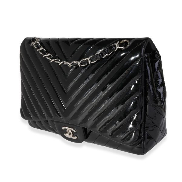 121674 sv Chanel Black Chevron Quilted Patent Leather Jumbo Classic Single Flap Bag