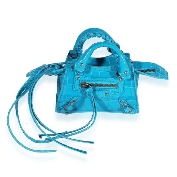 122069 fv 808548dc 4c06 47d8 a811 2a5c77fceff0 Balenciaga Bright Blue Crocodile Embossed Neo Classic Super Nano Bag