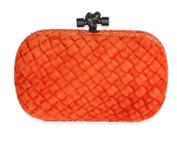 122211 pv Bottega Veneta Orange Intrecciato Velvet Python Knot Clutch