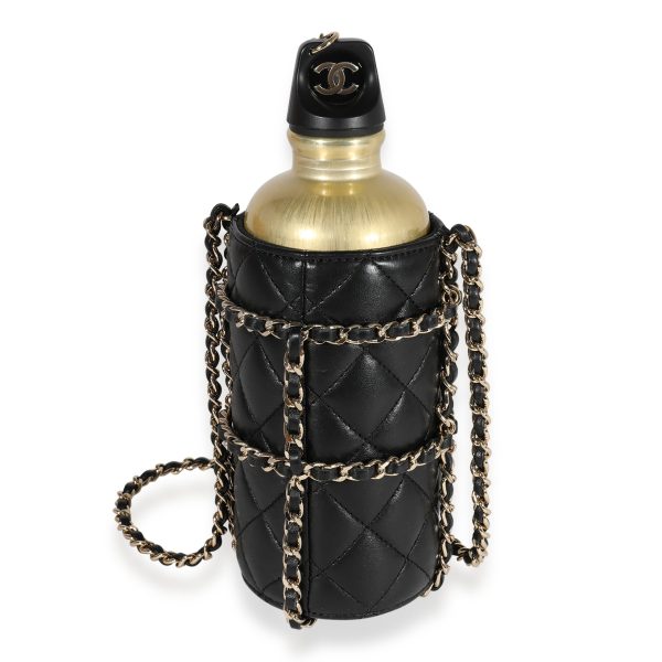 122492 fv Chanel Gold Metal Water Bottle Black Quilted Lambskin Holder