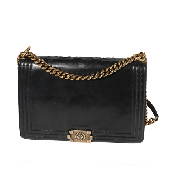 122510 fv Chanel Black Glazed Leather Large Reverso Boy Bag