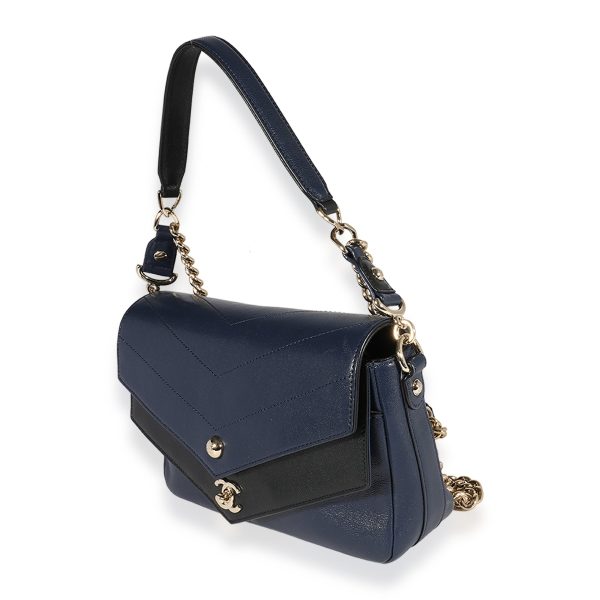 122662 sv f62d6551 963d 463f 9490 aec3b6936a82 Chanel Blue Black Chevron Calfskin Double Envelope Flap Bag