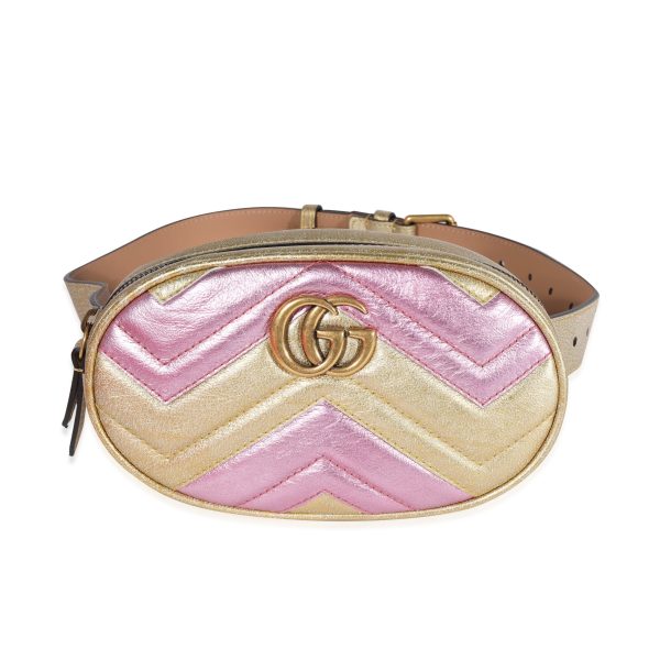 123050 fv Gucci Pink Gold Metallic Matelassé Marmont Belt Bag 85