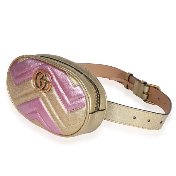 123050 sv Gucci Pink Gold Metallic Matelassé Marmont Belt Bag 85